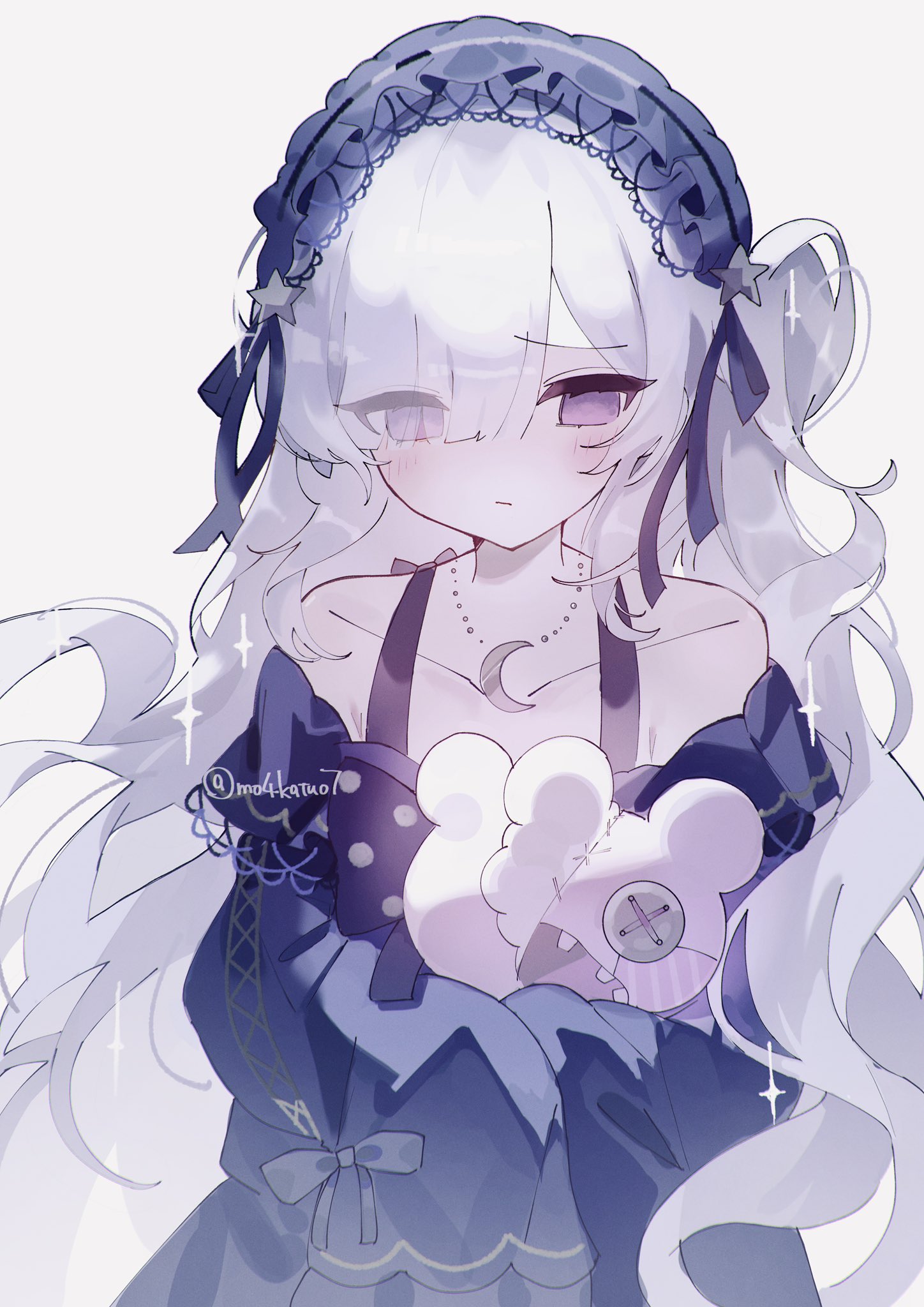 simple ice, natsume anan, mahou shoujo no majo saiban, highres, 1girl, bare shoulders, blue dress, blue ribbon, closed mouth, crescent, crescent necklace, dress, empty eyes, frilled dress, frilled sleeves, frills, gothic lolita, hair over one eye, hair ribbon, hairband, holding, holding stuffed toy, jewelry, lolita fashion, lolita hairband, long hair, long sleeves, looking down, magical girl, necklace, purple eyes, ribbon, sad, simple background, solo, star (symbol), stuffed animal, stuffed toy, stuffing, teddy bear, upper body, wavy hair, white hair