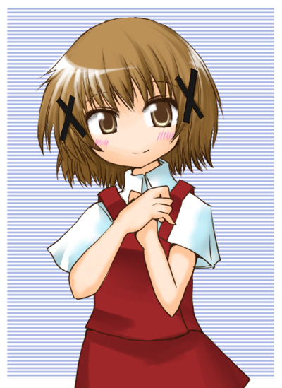 hane (hanegoya), yuno (hidamari sketch), hidamari sketch, 00s, 1girl, blush, brown eyes, brown hair, female focus, hair ornament, hairclip, looking at viewer, school uniform, short hair, skirt, smile, solo, yamabuki high school uniform
