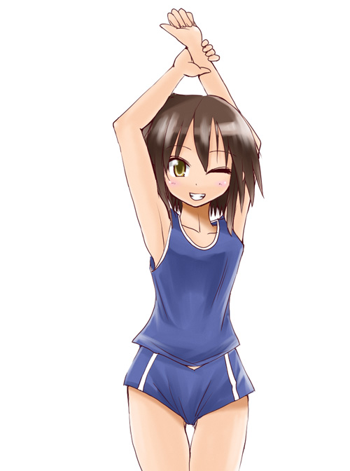 hane (hanegoya), kusakabe misao, lucky star, 00s, 1girl, ;d, brown hair, buruma, female focus, green eyes, grin, looking at viewer, one eye closed, open mouth, short hair, shorts, simple background, sleeveless, smile, solo, sportswear, standing, tank top, teeth, thigh gap, white background
