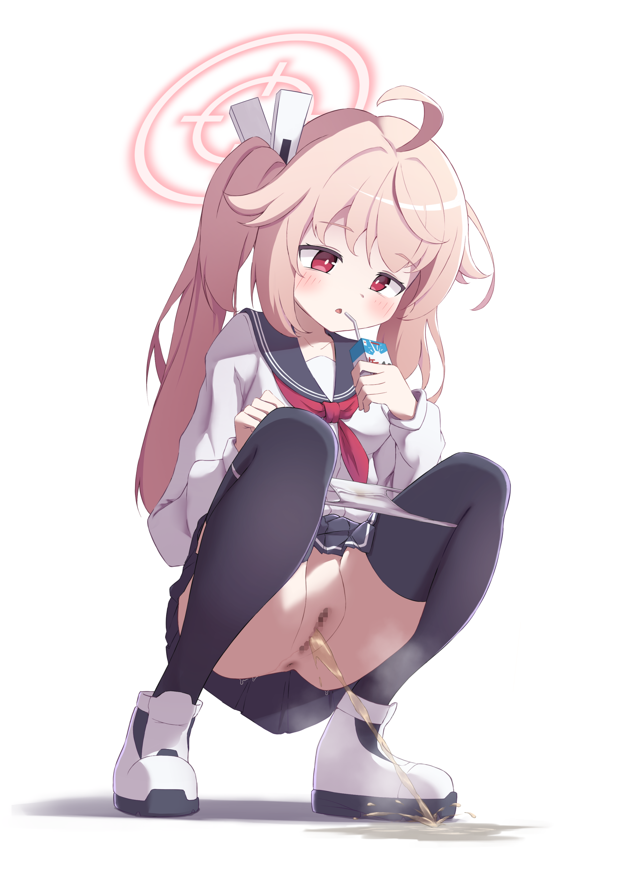 udonko (tinanago7715), natsu (blue archive), blue archive, 1girl, ahoge, anus, blush, censored, drinking straw, female focus, halo, juice box, long hair, mosaic censoring, necktie, open mouth, panties, panty pull, peeing, pink hair, pink halo, pussy, red eyes, red necktie, school uniform, serafuku, shoes, side ponytail, solo, squatting, steam, thighhighs, underwear, white background, white panties