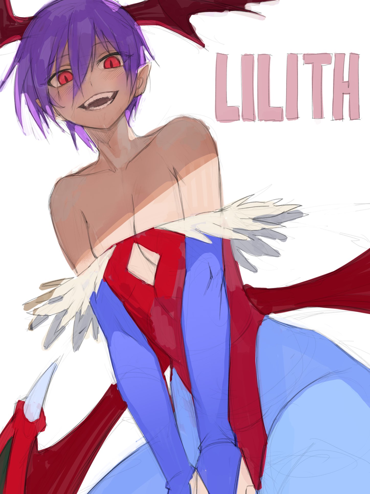 hichi, lilith (darkstalkers), darkstalkers, commentary, highres, unfinished, 1girl, bat wings, character name, collarbone, detached sleeves, flat chest, head wings, leotard, looking at viewer, open mouth, pantyhose, pointy ears, purple hair, purple pantyhose, red eyes, red leotard, short hair, simple background, slit pupils, solo, strapless, strapless leotard, teeth, white background, wings