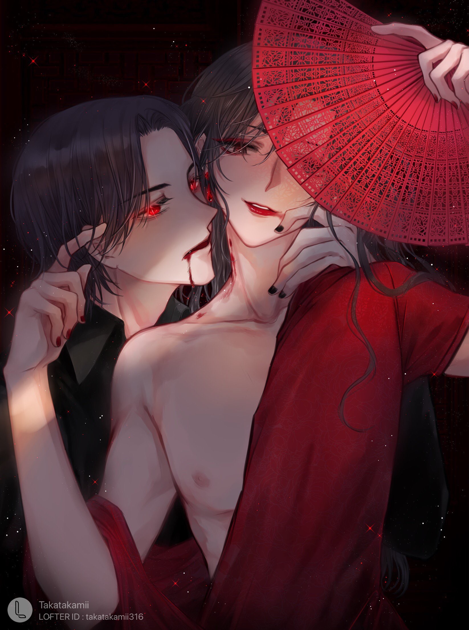 lan wangji, wei wuxian, modao zushi, commentary, english commentary, highres, 2boys, alternate costume, androgynous, artist name, bite mark, biting, black eyes, black hair, black nails, black shirt, blood, blood from mouth, blood on neck, brown hair, collarbone, collared shirt, couple, crossdressing, crossdressing (mtf), earrings, eyelashes, fang, folding fan, glowing, glowing eyes, hair down, hand fan, hand in another's hair, hand on another's neck, hand up, holding, holding fan, jewelry, light particles, lipstick, long hair, looking at viewer, makeup, male focus, multiple boys, nail polish, neck biting, nipples, off shoulder, oil-paper umbrella, open clothes, open mouth, open shirt, parted lips, pectorals, red eyes, red lips, red nails, red shirt, shirt, short hair, short sleeves, single bare shoulder, smile, takatakamii, umbrella, upper body, vampire, watermark, yaoi