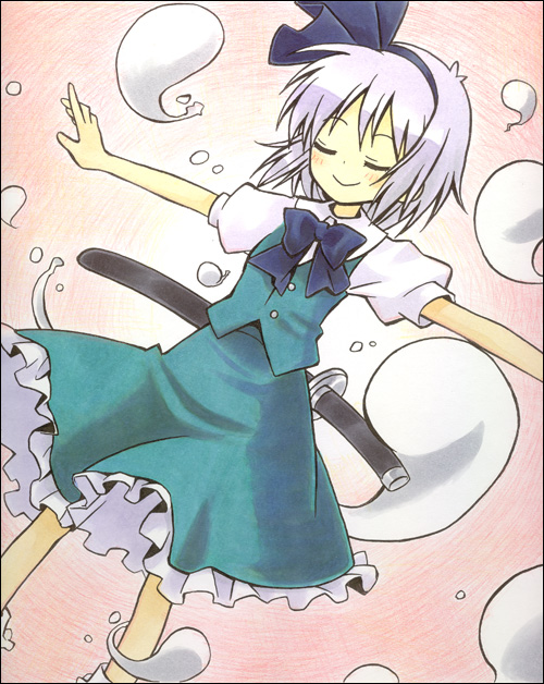 kamoi hayato, konpaku youmu, konpaku youmu (ghost), touhou, 1girl, black ribbon, closed eyes, female focus, frilled skirt, frills, green skirt, hair ribbon, hitodama, katana, outstretched arms, puffy short sleeves, puffy sleeves, ribbon, short hair, short sleeves, skirt, smile, socks, solo, sword, vest, weapon, white background, white hair