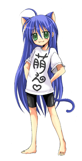 sakurai unan, izumi konata, lucky star, translated, 00s, 1girl, :3, animal ears, barefoot, bike shorts, blue hair, cat ears, cat tail, feet, female focus, full body, green eyes, long hair, moe (phrase), mole, mole under eye, solo, standing, tail, toes