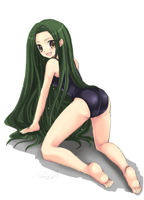 sakurai unan, tsuruya, suzumiya haruhi no yuuutsu, 00s, 1girl, ass, barefoot, black one-piece swimsuit, fang, feet, female focus, green hair, long hair, one-piece swimsuit, school swimsuit, soles, solo, swimsuit, very long hair