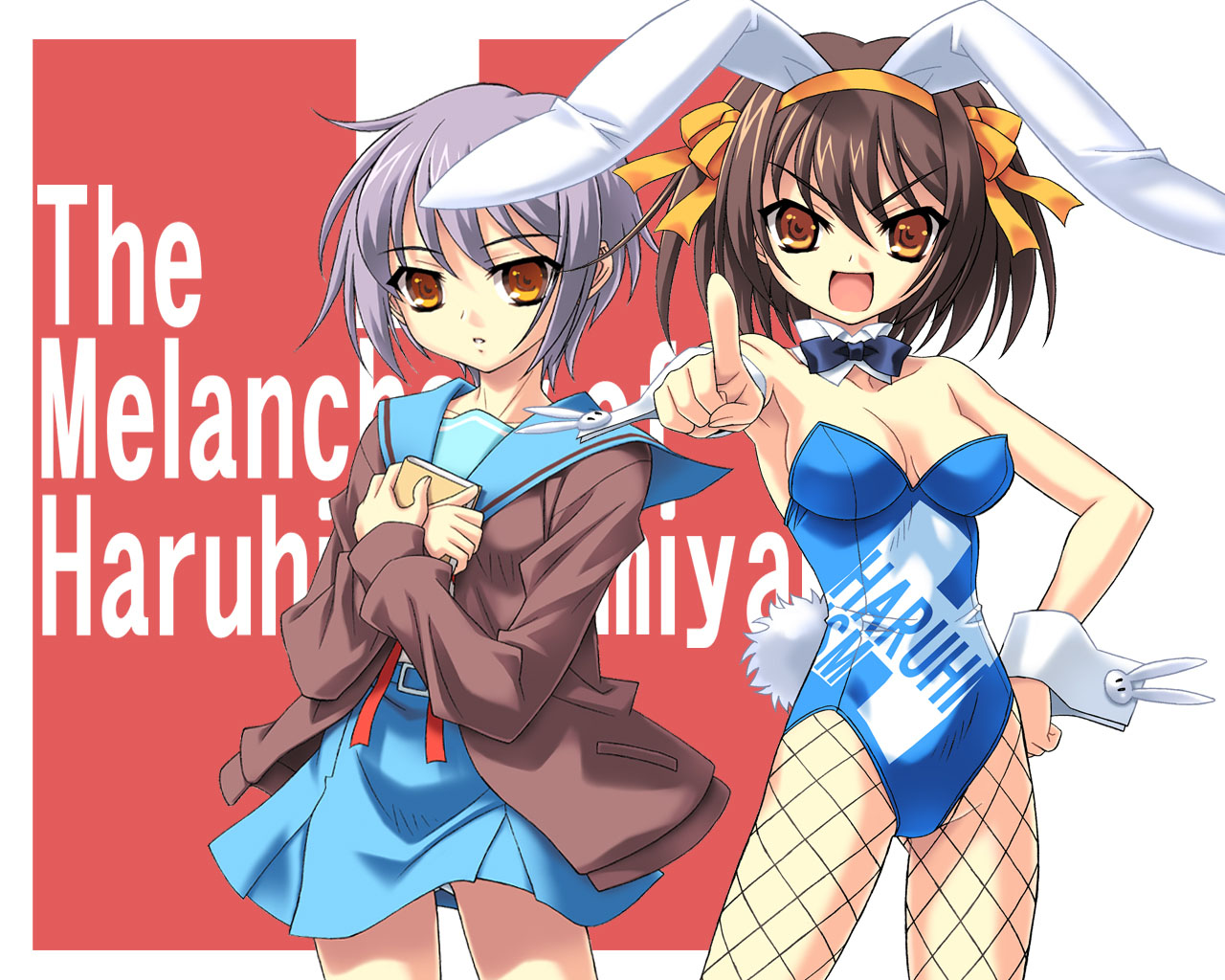 ngo (ngo dandelion), nagato yuki, suzumiya haruhi, suzumiya haruhi no yuuutsu, 00s, 2girls, animal ears, brown hair, cardigan, fake animal ears, fishnet pantyhose, fishnets, leotard, multiple girls, pantyhose, playboy bunny, pointing, rabbit ears, school uniform, serafuku, short hair