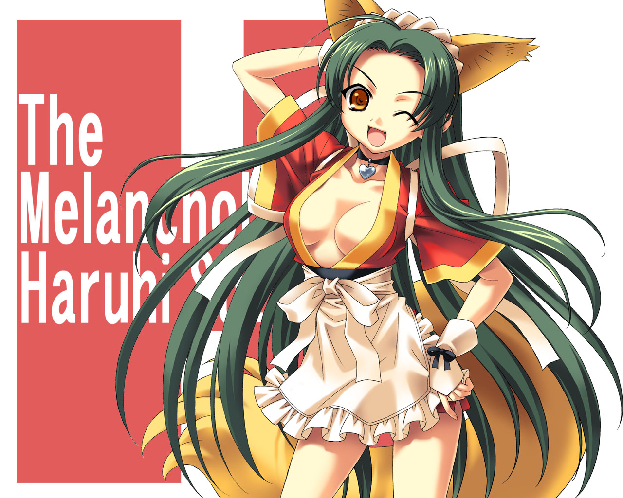 ngo (ngo dandelion), tsuruya, suzumiya haruhi no yuuutsu, 00s, 1girl, animal ears, apron, breasts, brown eyes, cat ears, choker, cleavage, female focus, fox ears, fox tail, green hair, heart, japanese clothes, kemonomimi mode, kimono, long hair, one eye closed, open clothes, short hair, short kimono, smile, solo, tail, very long hair, waist apron, waitress, wink