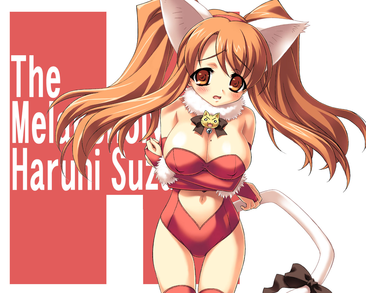 ngo (ngo dandelion), asahina mikuru, suzumiya haruhi no yuuutsu, 00s, 1girl, animal ears, blush, breasts, breasts squeezed together, cat ears, cat tail, cleavage, clothing cutout, copyright name, female focus, fur collar, heart, heart cutout, kemonomimi mode, large breasts, mole, mole on breast, navel cutout, red thighhighs, sidelocks, solo, tail, thigh gap, thighhighs