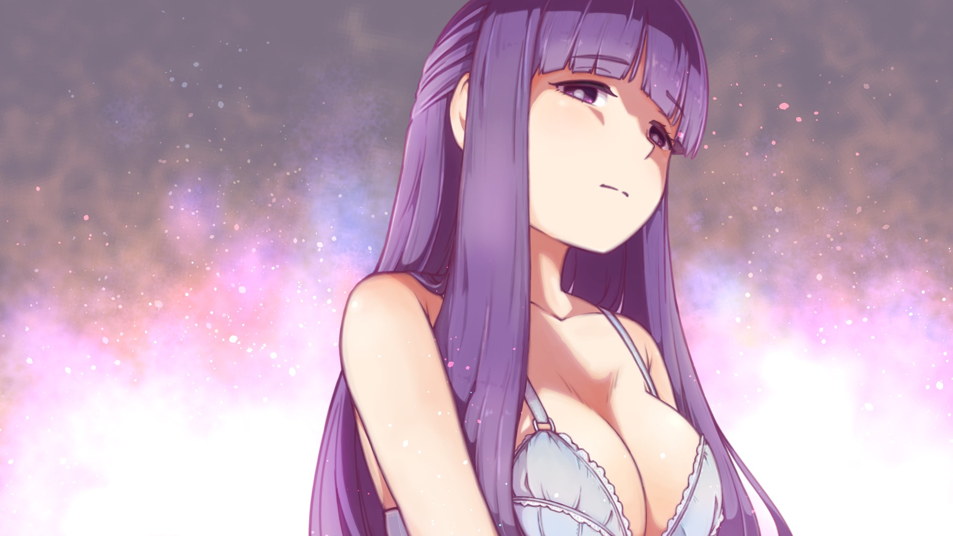 sugajyun, fern (sousou no frieren), sousou no frieren, commentary request, highres, 1girl, blunt bangs, bra, breasts, cleavage, closed mouth, disgust, large breasts, long hair, looking at viewer, purple bra, purple eyes, purple hair, solo, underwear, underwear only, upper body