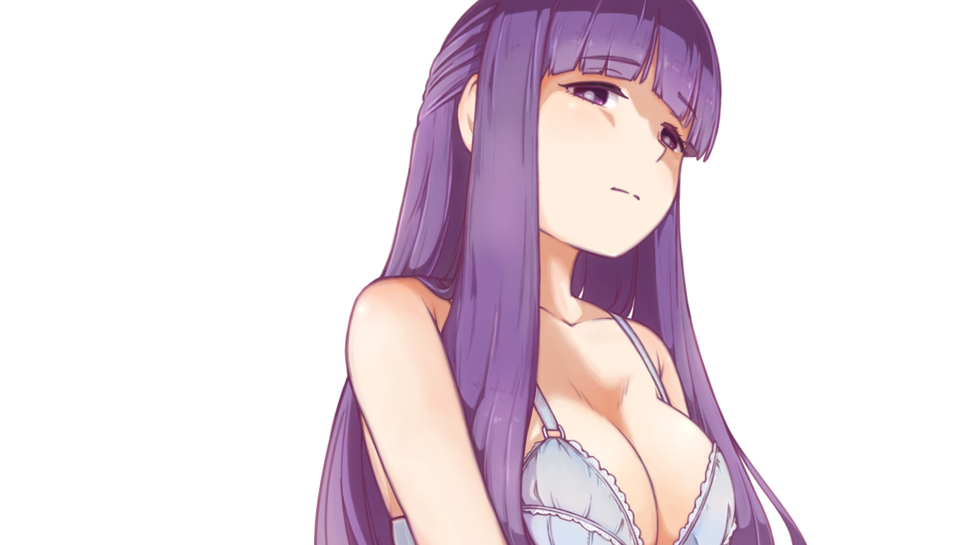 sugajyun, fern (sousou no frieren), sousou no frieren, commentary request, highres, 1girl, blunt bangs, bra, breasts, cleavage, closed mouth, disgust, large breasts, long hair, looking at viewer, purple bra, purple eyes, purple hair, simple background, solo, underwear, underwear only, upper body, white background