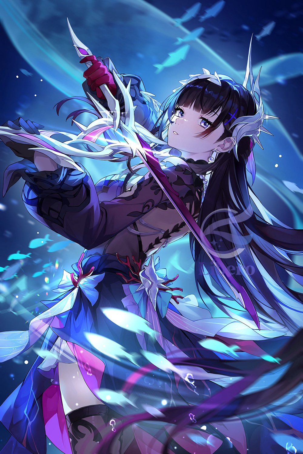 libero art, hysilens (honkai: star rail), honkai: star rail, honkai (series), highres, 1girl, asymmetrical gloves, black gloves, black hair, black shrug, black thighhighs, blue background, breasts, dress, earrings, fish, from behind, from side, gloves, holding, holding instrument, instrument, jewelry, medium breasts, mismatched gloves, music, parted lips, pearl earrings, playing instrument, purple dress, purple eyes, purple gloves, shrug (clothing), solo, thighhighs, whale