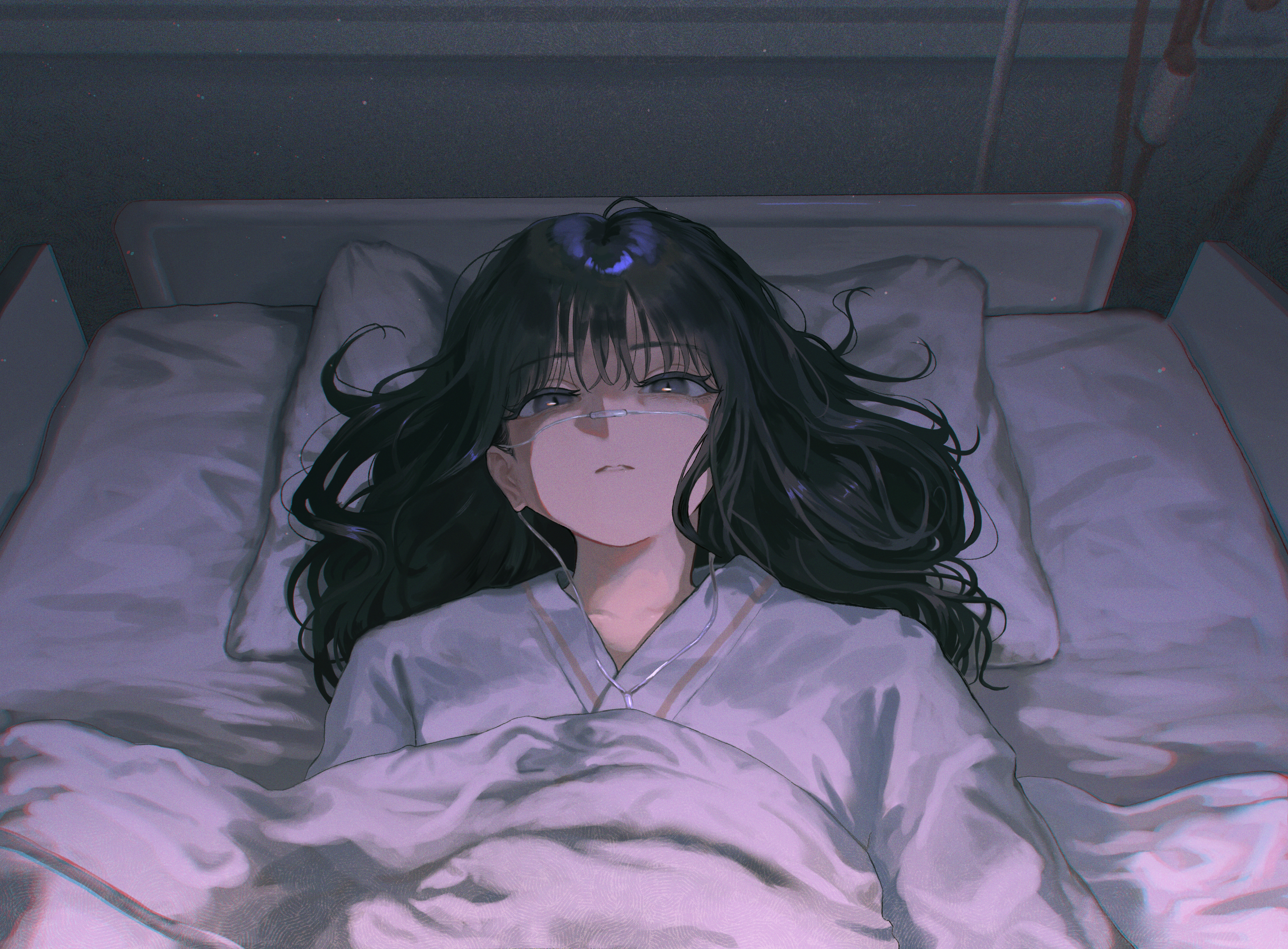 kyano (kyanora3141), original, absurdres, highres, 1girl, bed, black eyes, black hair, breathing tube, hospital, looking at viewer, lying, on back, pillow, solo