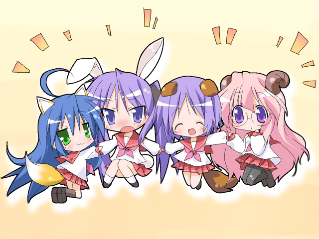 paco, hiiragi kagami, hiiragi tsukasa, izumi konata, takara miyuki, lucky star, 00s, 4girls, animal ears, dog ears, fox ears, mole, mole under eye, multiple girls, pantyhose, rabbit ears, school uniform, serafuku, sisters, twins