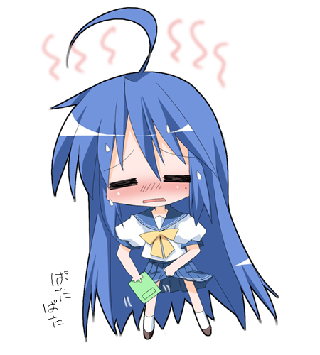 paco, izumi konata, lucky star, lowres, 00s, 1girl, blush, chibi, chibi only, female focus, mole, mole under eye, school uniform, serafuku, solo