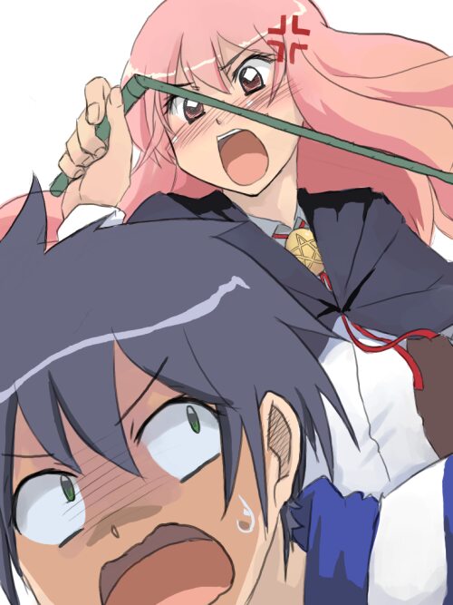 ikko, hiraga saito, louise francoise le blanc de la valliere, zero no tsukaima, 00s, 1boy, 1girl, :o, anger vein, angry, black hair, cape, green eyes, long hair, pentacle, pink eyes, pink hair, sweat, whip, white background