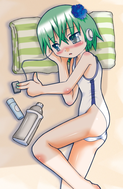 iwasaki minami, lucky star, tagme, 00s, headphones, pillow, swimsuit