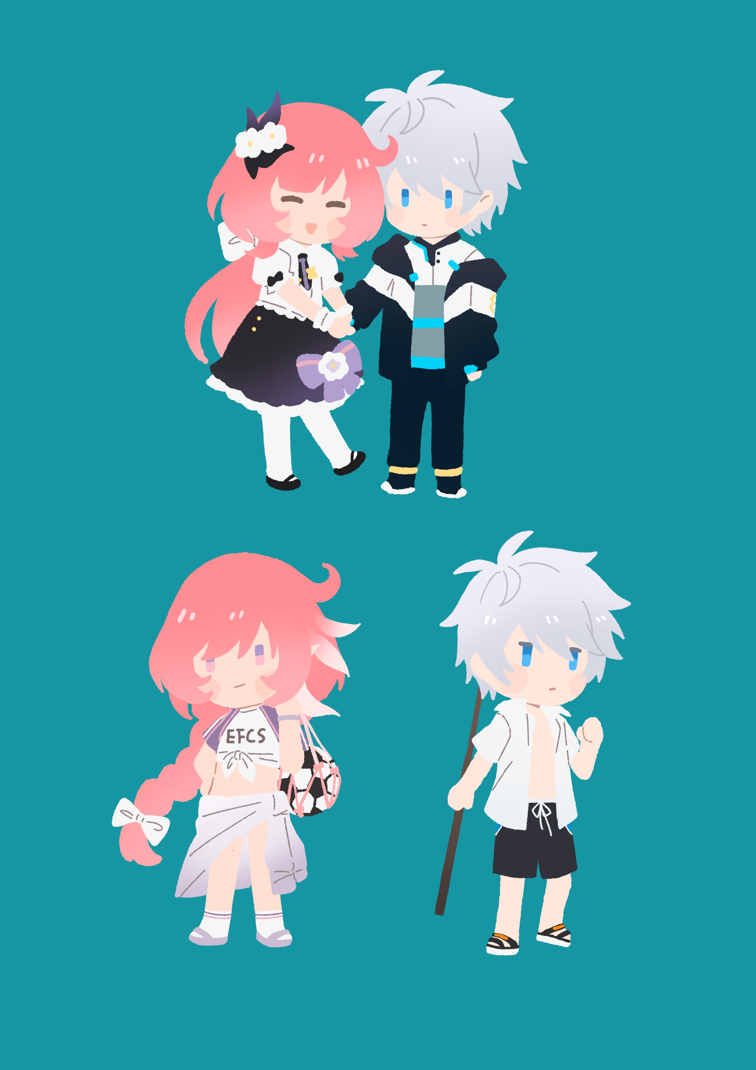 elysia (herrscher of human: ego) (honkai impact), elysia (honkai impact), elysia (summer 2024) (honkai impact), honkai (series), honkai impact 3rd, absurdres, chinese commentary, commentary request, highres, 1girl, ball, black jacket, black pants, black shoes, black skirt, blue background, clothes writing, flower, hair flower, hair ornament, holding, holding ball, jacket, long braid, long hair, multiple views, no lineart, official alternate costume, open clothes, open shirt, pants, pink hair, sarong, shirt, shoes, short hair, skirt, smile, soccer ball, star (zhongyan88528), two-tone shirt, very long hair, white hair, white sarong, white shirt