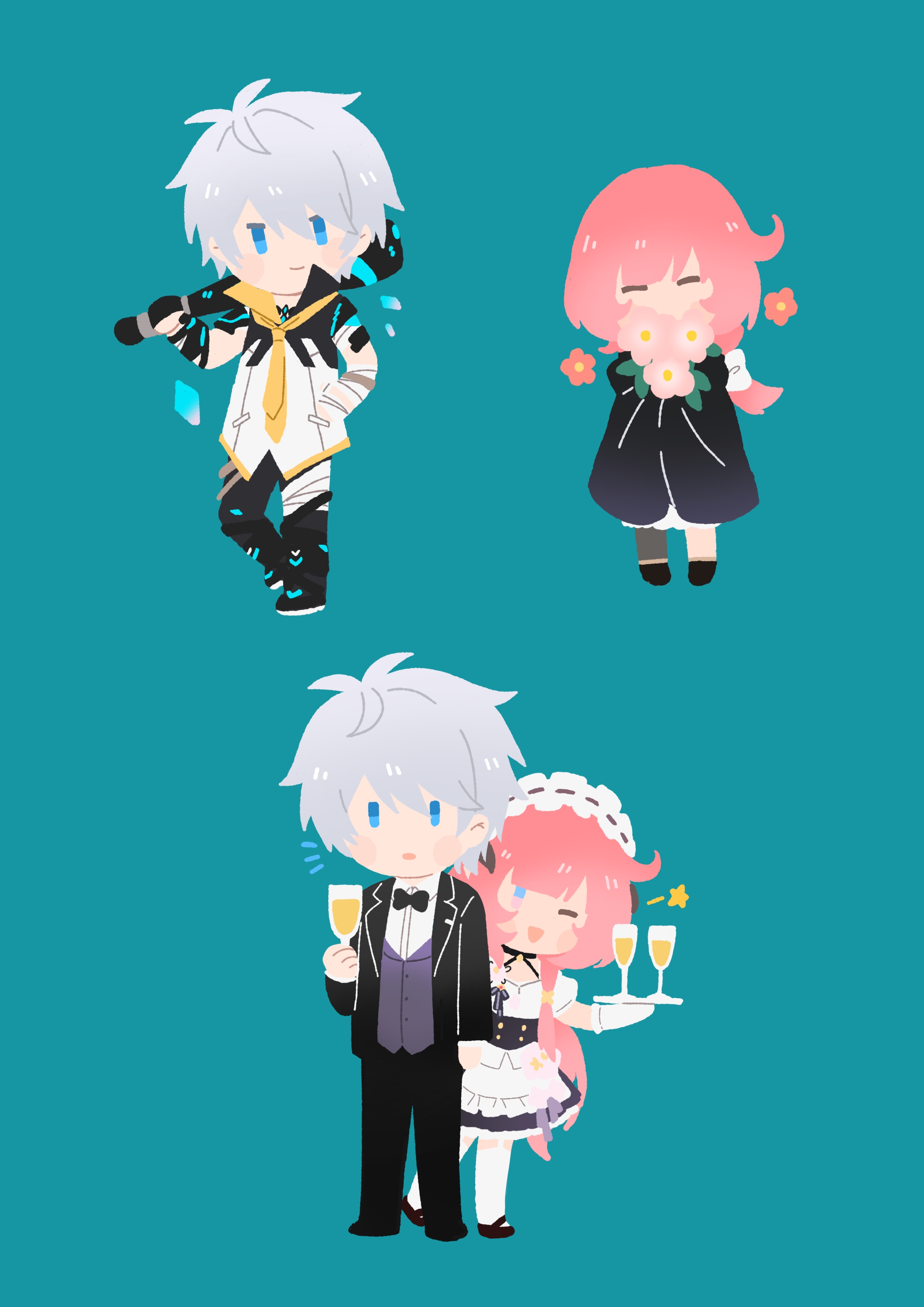 elysia (honkai impact), elysia (miss pink) (honkai impact), elysia (miss pink elf) (honkai impact), honkai (series), honkai impact 3rd, absurdres, chinese commentary, commentary request, highres, 1girl, ;), ahoge, alcohol, apron, black pants, black robe, black shoes, black vest, blue background, blue eyes, champagne, champagne flute, cup, drinking glass, flower, formal clothes, holding, holding cup, holding flower, holding plate, long hair, maid, maid apron, maid headdress, multiple views, no lineart, official alternate costume, one eye closed, pants, pink hair, plate, robe, shirt, shoes, short hair, smile, star (zhongyan88528), suit, thighhighs, very long hair, vest, white apron, white hair, white shirt, white thighhighs