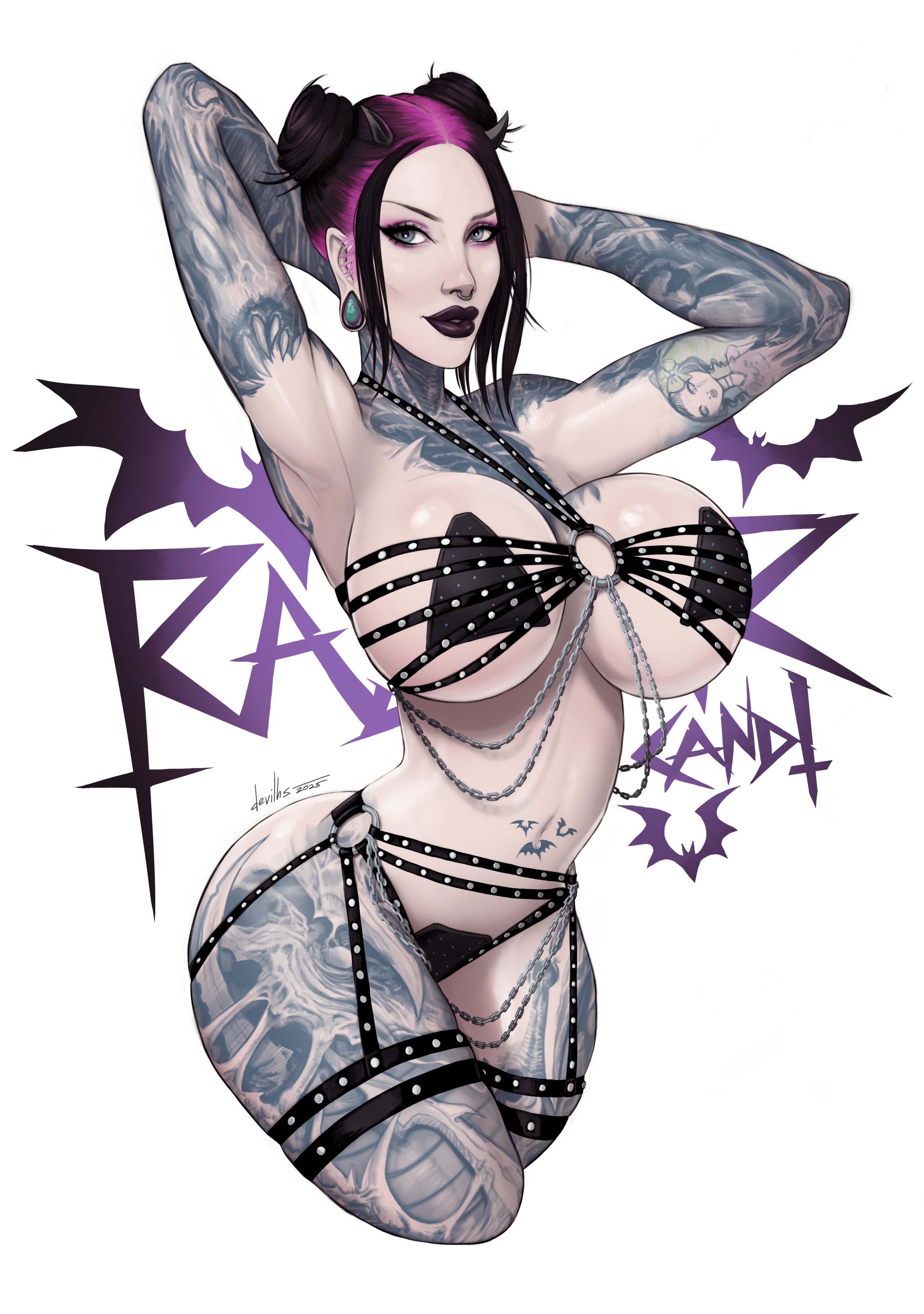 devilhs, real life, absurdres, clothing request, highres, 1girl, arm tattoo, arms behind head, black hair, black lips, chain, character name, double bun, eyeshadow, face piercing, grey eyes, hair bun, leg tattoo, looking at viewer, makeup, multicolored hair, navel, nose piercing, nose ring, o-ring, piercing, pink eyeshadow, pink hair, razorcandi, signature, simple background, solo, tattoo, two-tone hair, white background