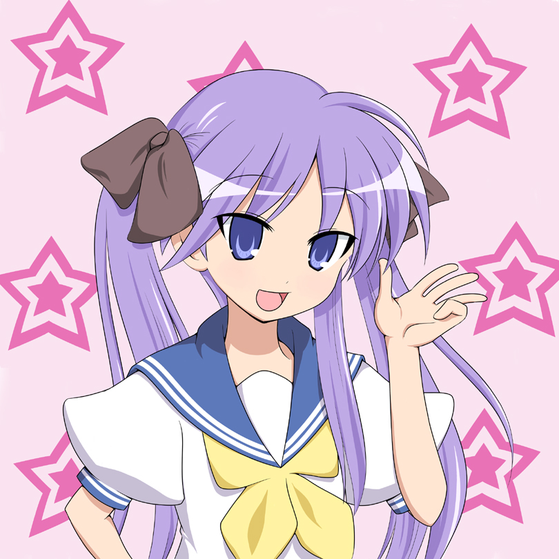 blue pony, bluepony, hiiragi kagami, lucky star, 00s, 1girl, female focus, open mouth, purple eyes, purple hair, school uniform, serafuku, simple background, smile, solo, star (symbol), tsurime, upper body