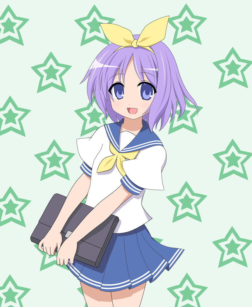 blue pony, bluepony, hiiragi tsukasa, lucky star, 00s, 1girl, blue skirt, female focus, hairband, pleated skirt, purple eyes, purple hair, school uniform, serafuku, short hair, skirt, smile, solo, star (symbol), star symbol background