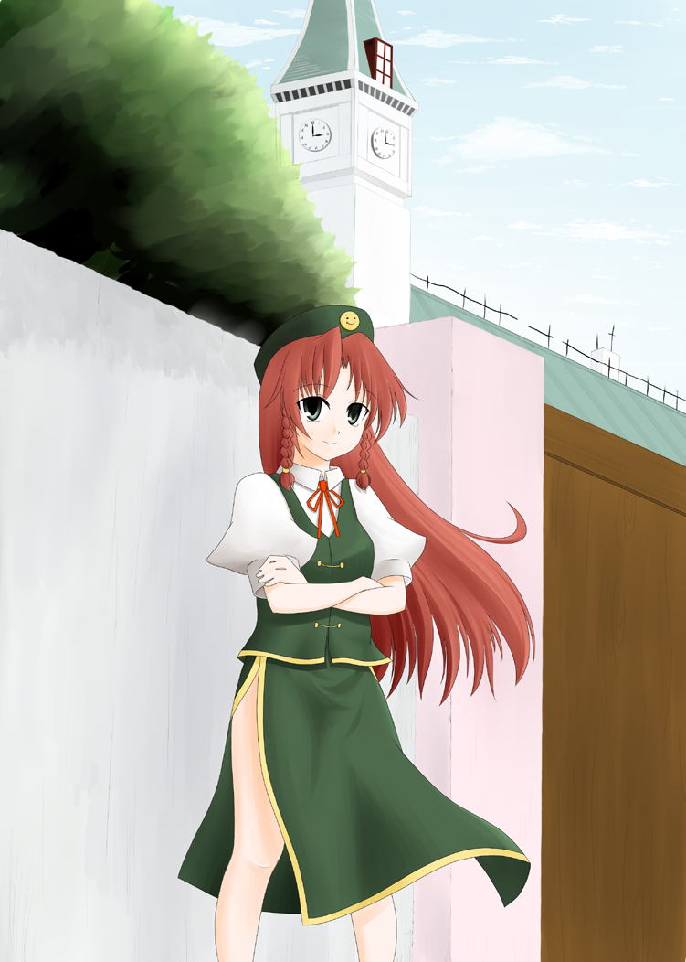 blue pony, bluepony, hong meiling, embodiment of scarlet devil, touhou, 1girl, blue sky, braid, clock, clock tower, collared shirt, day, female focus, green eyes, hat, long hair, outdoors, puffy short sleeves, puffy sleeves, red hair, scarlet devil mansion, shirt, short sleeves, side slit, sky, smiley face, solo, tower, twin braids