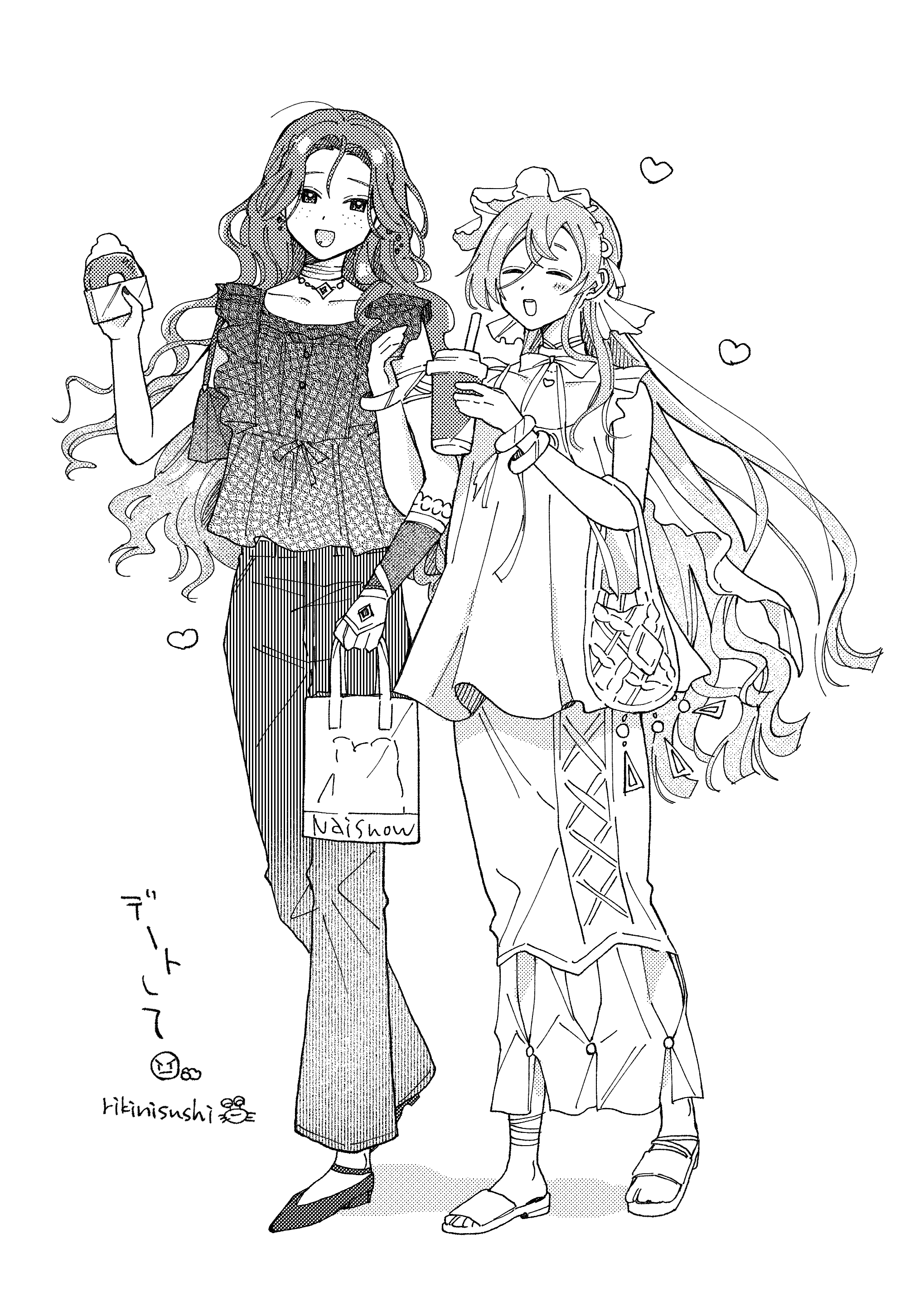 rikini sushi, 37 (reverse:1999), sophia (reverse:1999), reverse:1999, absurdres, highres, 2girls, :d, ^ ^, alternate costume, bag, bagel, bracelet, closed eyes, cup, disposable cup, drink, drinking straw, food, freckles, full body, greyscale, hair between eyes, hair ornament, handbag, holding, holding bag, holding cup, holding food, jewelry, locked arms, long hair, long skirt, looking at viewer, monochrome, multiple girls, official alternate costume, open mouth, pants, sandals, shirt, shoes, shopping bag, side-by-side, skirt, sleeveless, sleeveless shirt, smile, very long hair, walking, white background