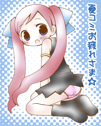 black footwear, artist request, lowres, 1girl, armband, ass, black dress, blue background, blue eyes, blush, boots, dress, from behind, hair ribbon, long hair, looking at viewer, looking back, open mouth, panties, pink hair, pink panties, ribbon, sleeveless, sleeveless dress, star (symbol), twintails, underwear