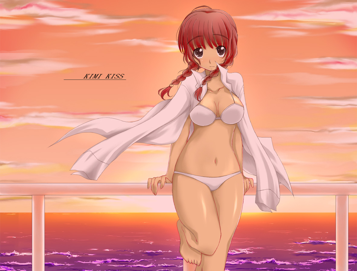 mizusawa mao, kimi kiss, bikini, braid, railing, swimsuit, twin braids, water