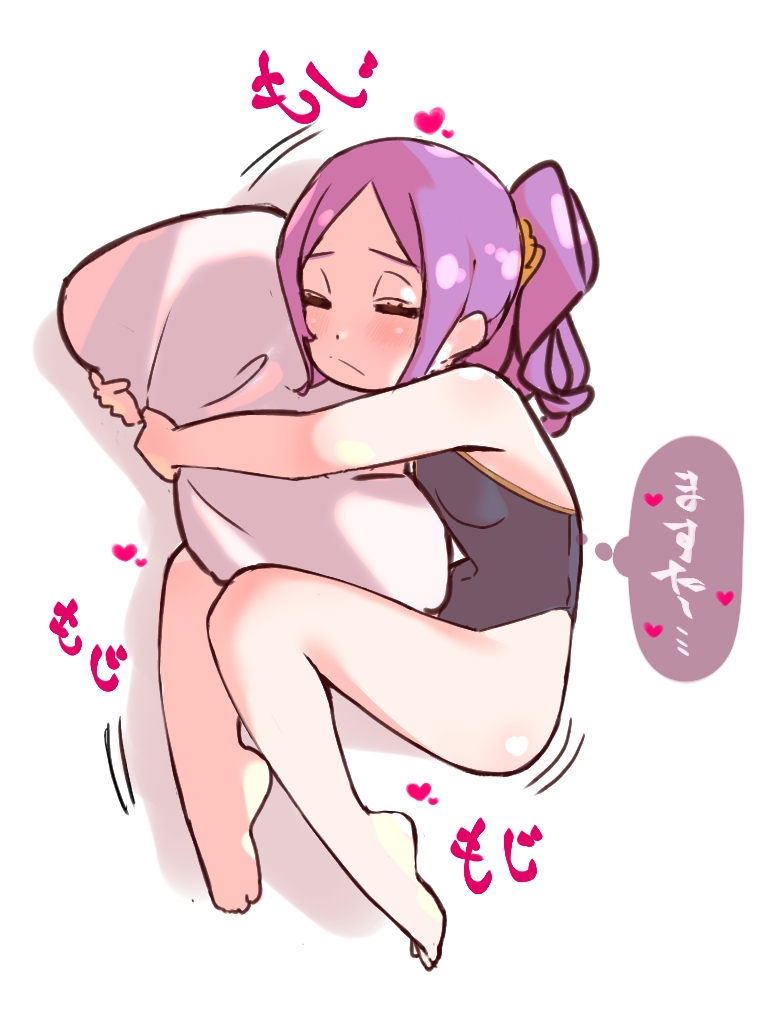 niwaikanai, wu zetian (fate), fate/grand order, fate (series), translation request, 1girl, bare shoulders, barefoot, black leotard, blush, breasts, closed eyes, forehead, hair ornament, hair scrunchie, hugging object, leotard, long hair, parted bangs, pillow, pillow hug, ponytail, purple hair, scrunchie, sidelocks, small breasts, solo, yellow scrunchie