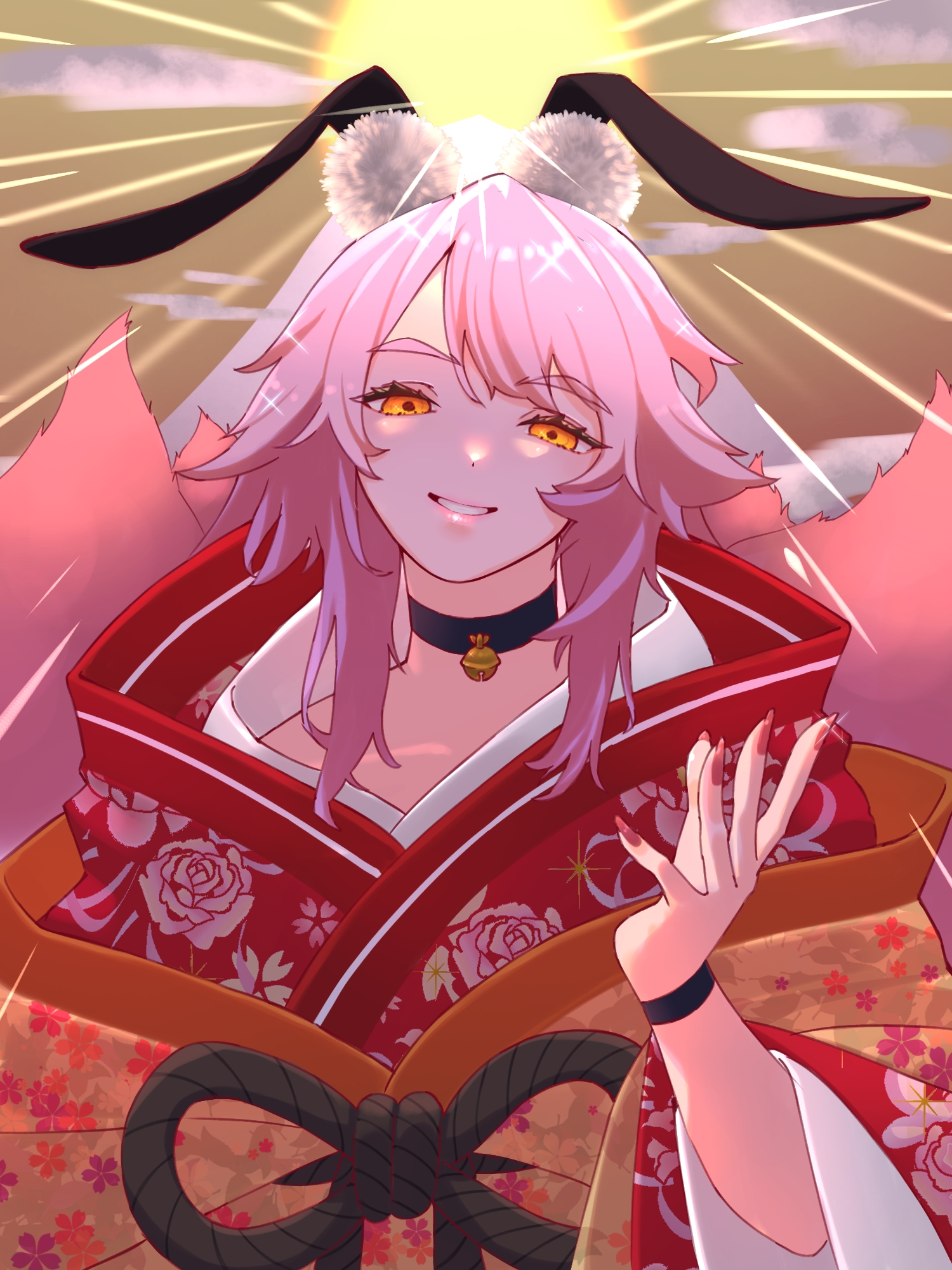 niwaikanai, koyanskaya (fate), tamamo (fate), fate/grand order, fate (series), highres, 1girl, animal ear fluff, animal ears, backlighting, bell, choker, floral print, fox tail, grin, hair between eyes, japanese clothes, jingle bell, kimono, long hair, long sleeves, looking at viewer, multiple tails, pink hair, rabbit ears, red kimono, rope belt, sidelocks, smile, solo, tail, wide sleeves, yellow eyes
