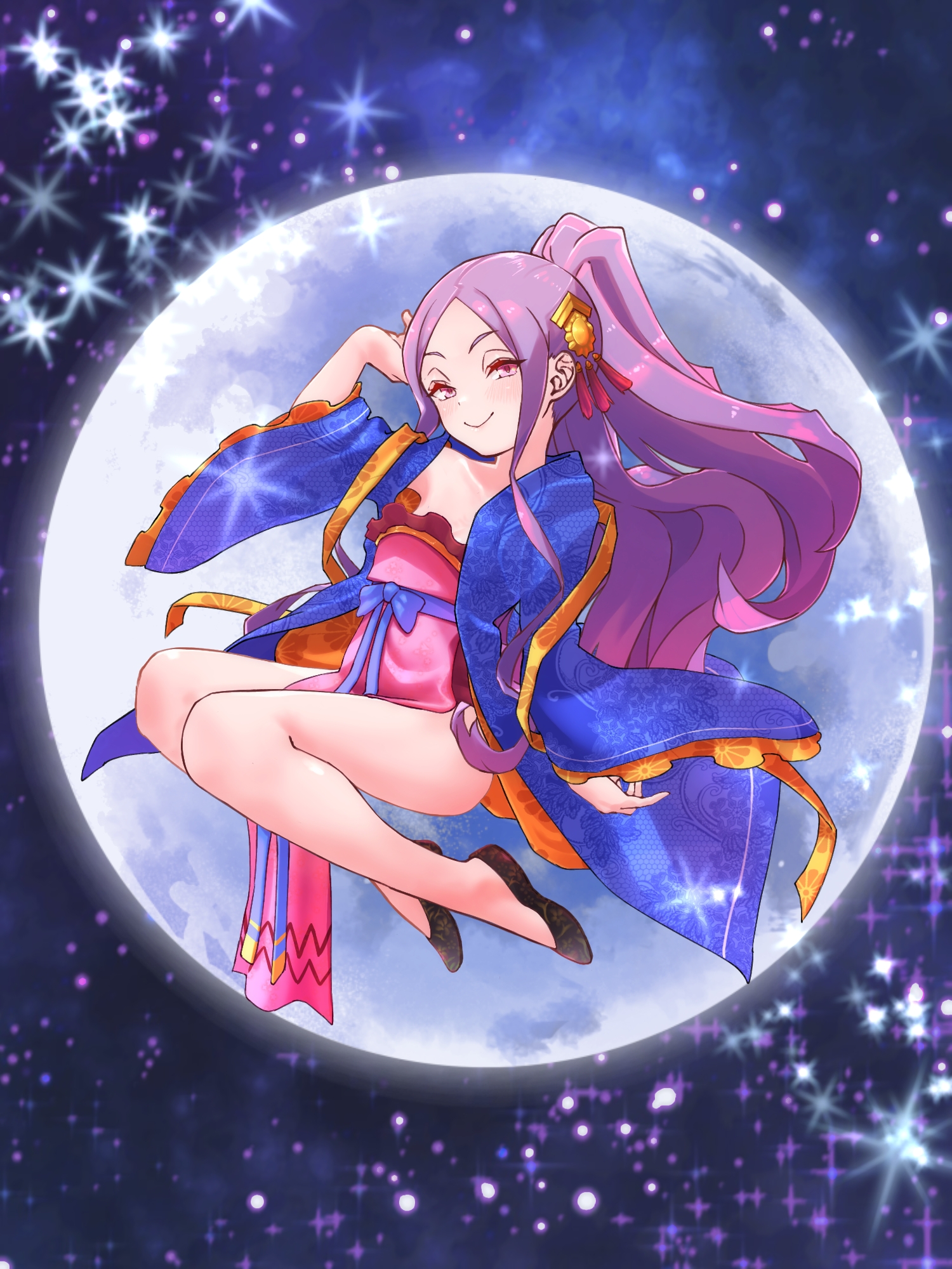 niwaikanai, wu zetian (fate), wu zetian (first ascension) (fate), fate/grand order, fate (series), highres, 1girl, blush, breasts, chinese clothes, dress, forehead, full moon, hair ornament, hanfu, long hair, long sleeves, looking at viewer, moon, night, night sky, parted bangs, pelvic curtain, pink dress, ponytail, purple eyes, purple hair, shawl, sidelocks, sky, slippers, small breasts, smile, solo, wide sleeves