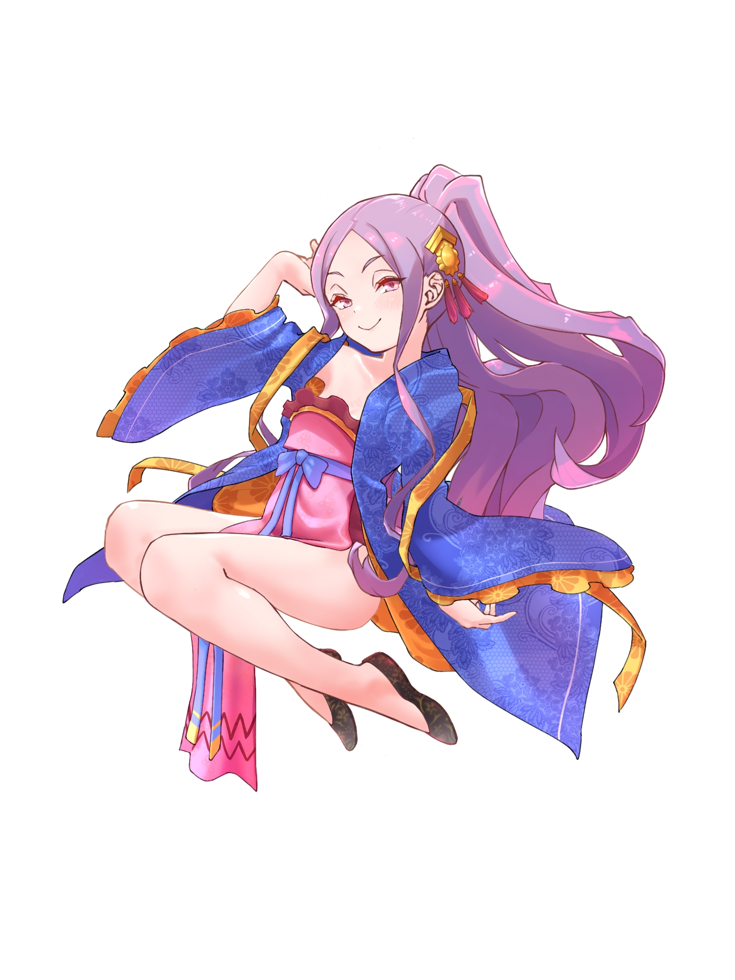 niwaikanai, wu zetian (fate), wu zetian (first ascension) (fate), fate/grand order, fate (series), highres, 1girl, blush, breasts, chinese clothes, dress, forehead, hair ornament, hanfu, long hair, long sleeves, looking at viewer, parted bangs, pelvic curtain, pink dress, ponytail, purple eyes, purple hair, shawl, sidelocks, slippers, small breasts, smile, solo, white background, wide sleeves