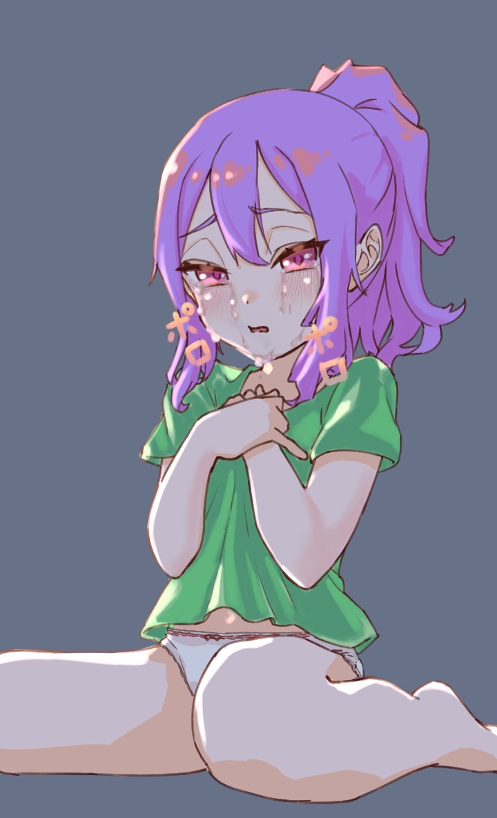 niwaikanai, wu zetian (fate), fate/grand order, fate (series), 1girl, barefoot, blush, breasts, crying, forehead, green shirt, long hair, looking at viewer, open mouth, panties, parted bangs, ponytail, purple eyes, purple hair, shirt, short sleeves, sidelocks, sitting, small breasts, smile, solo, thighs, underwear