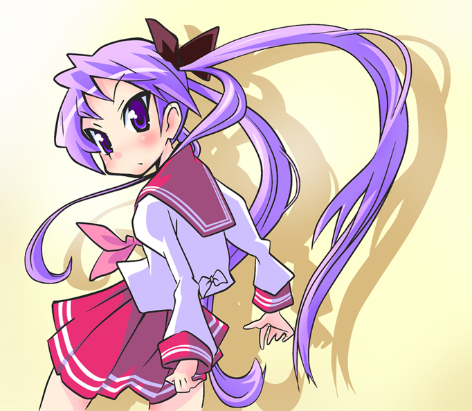 ueno tsuyoshi, hiiragi kagami, lucky star, 00s, 1girl, blue eyes, female focus, frown, gradient background, hair ribbon, long hair, looking back, pleated skirt, purple hair, ribbon, school uniform, serafuku, shadow, simple background, skirt, solo, tsurime, twintails