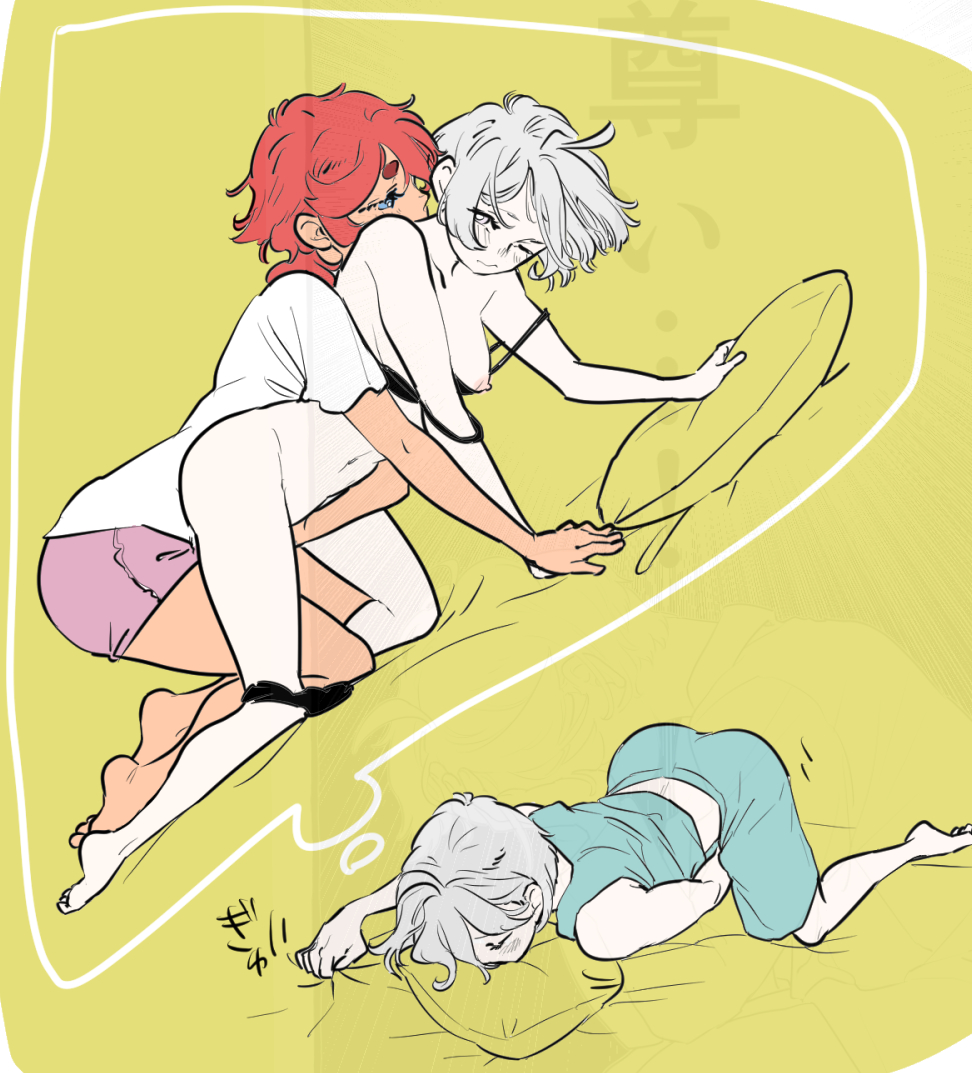 5kawa8gi, miorine rembran, suletta mercury, gundam, gundam suisei no majo, 2girls, black bra, black panties, bra, female masturbation, fingering, grey hair, imagining, masturbation, multiple girls, nipples, pajamas, panties, panties around leg, red hair, short shorts, shorts, speech bubble, strap slip, thought bubble, underwear, yuri