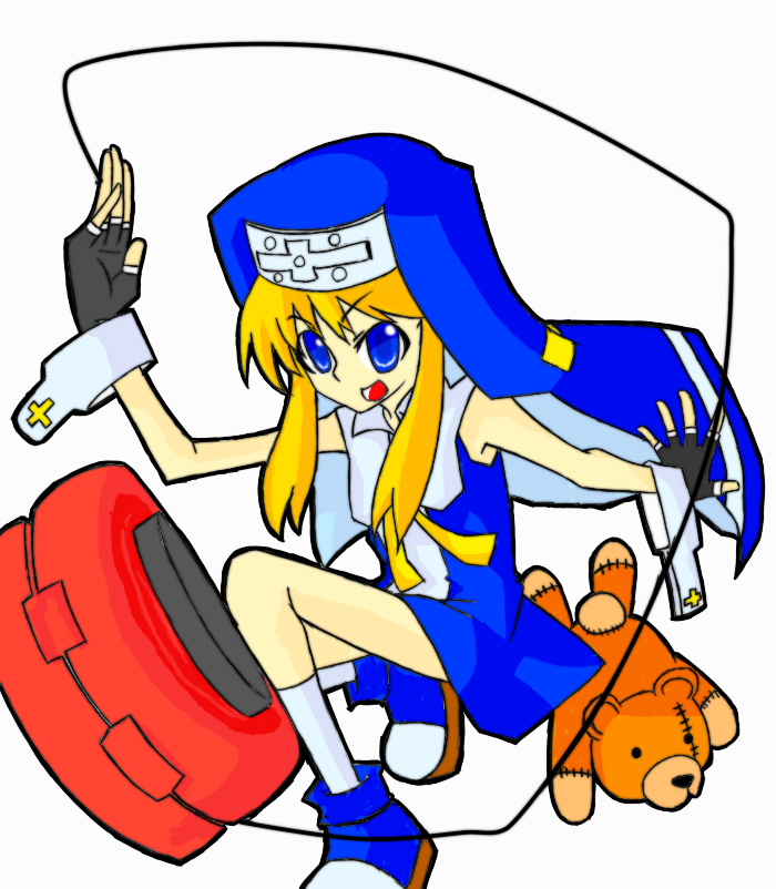 bridget (guilty gear), arc system works, guilty gear, tagme, 1boy, blonde hair, blue eyes, male focus, simple background, solo, stuffed animal, stuffed toy, teddy bear, trap, white background