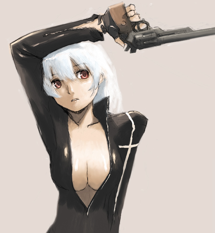 blue hair, bodysuit, breasts, cleavage, fingerless gloves, gloves, gun, handgun, red eyes, revolver, weapon