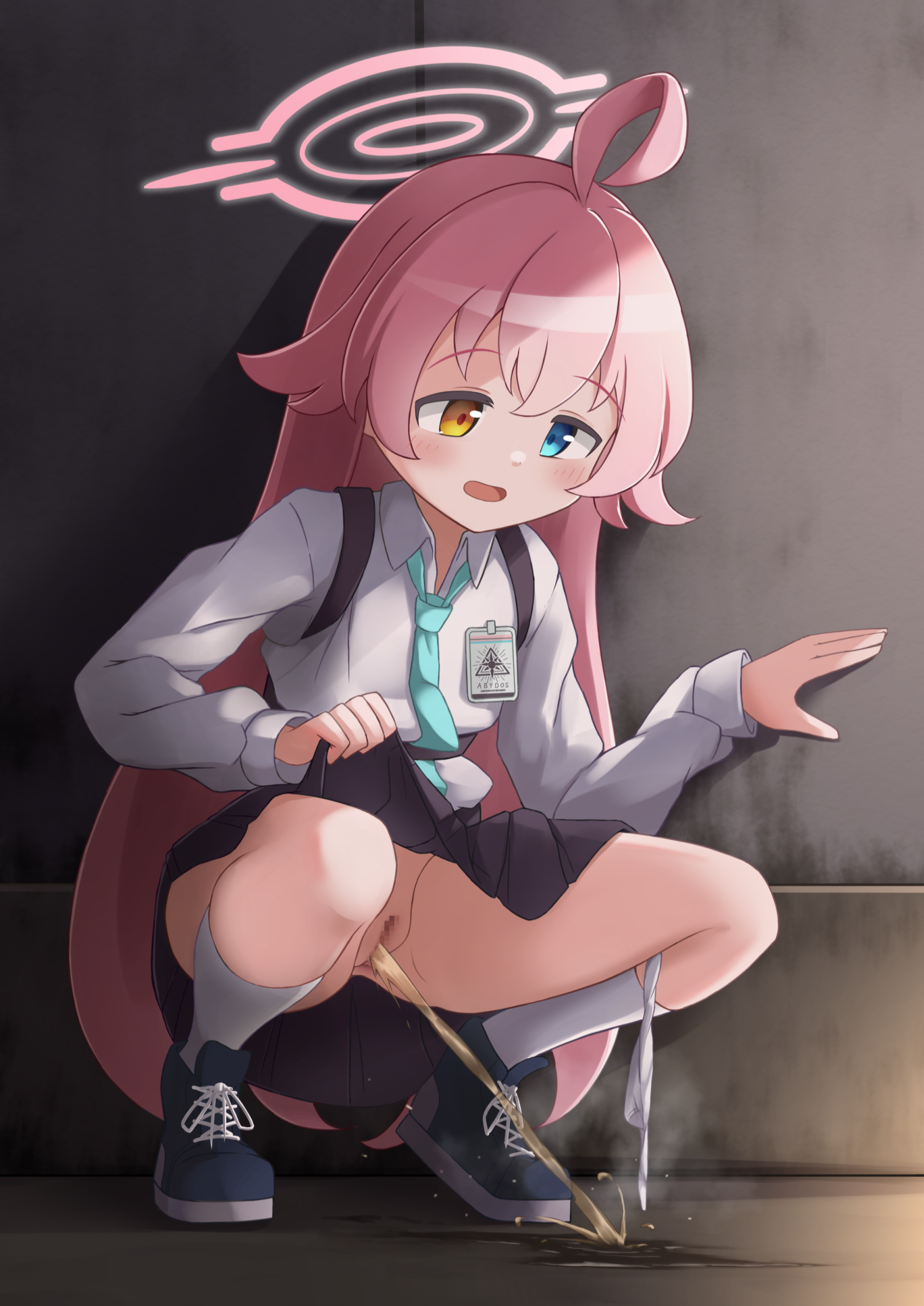 udonko (tinanago7715), hoshino (blue archive), blue archive, 1girl, ahoge, black skirt, blue eyes, blush, censored, clothes lift, female focus, halo, heterochromia, lifting own clothes, long hair, mosaic censoring, necktie, open mouth, panties, panties around leg, peeing, pink hair, pink halo, puddle, pussy, school uniform, shirt, shoes, skirt, skirt lift, socks, solo, squatting, steam, underwear, very long hair, white panties, yellow eyes