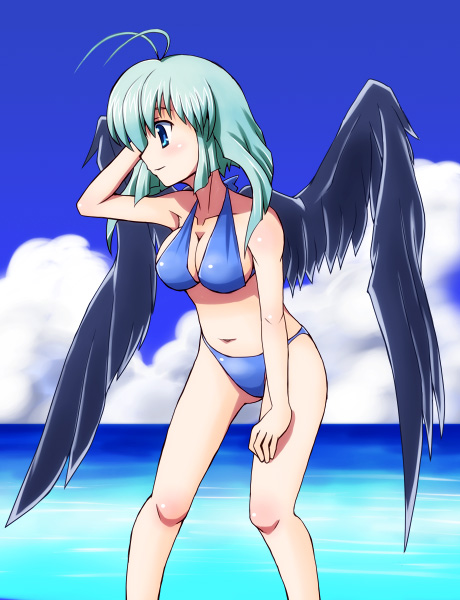 yn1982, camyu, original, utawarerumono, 00s, 1girl, antenna hair, aqua hair, bikini, black wings, blue bikini, blue eyes, blush, breasts, cleavage, cloud, day, female focus, green hair, large breasts, leaning forward, navel, ocean, outdoors, short hair, sky, solo, swimsuit, water, wings