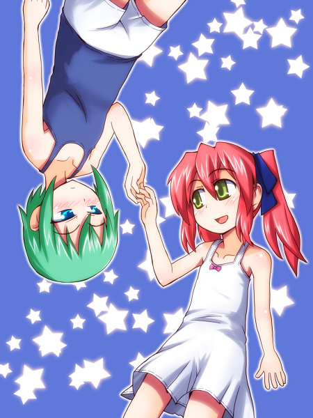 yn1982, iwasaki minami, kobayakawa yutaka, lucky star, non-web source, 00s, blue eyes, casual, green hair, holding hands, long hair, red hair, short hair, star (symbol), twintails, yellow eyes