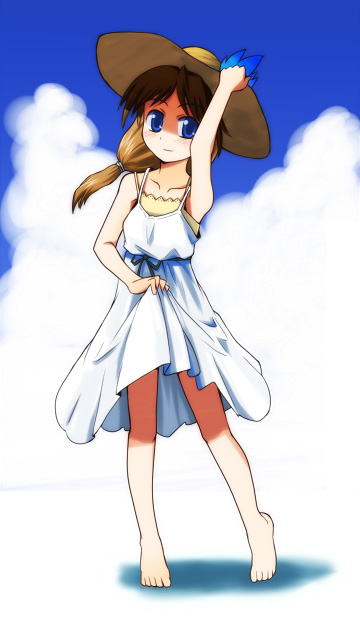 yn1982, tagme, 1girl, barefoot, cloud, dress, female focus, full body, hat, outdoors, sky, solo, standing