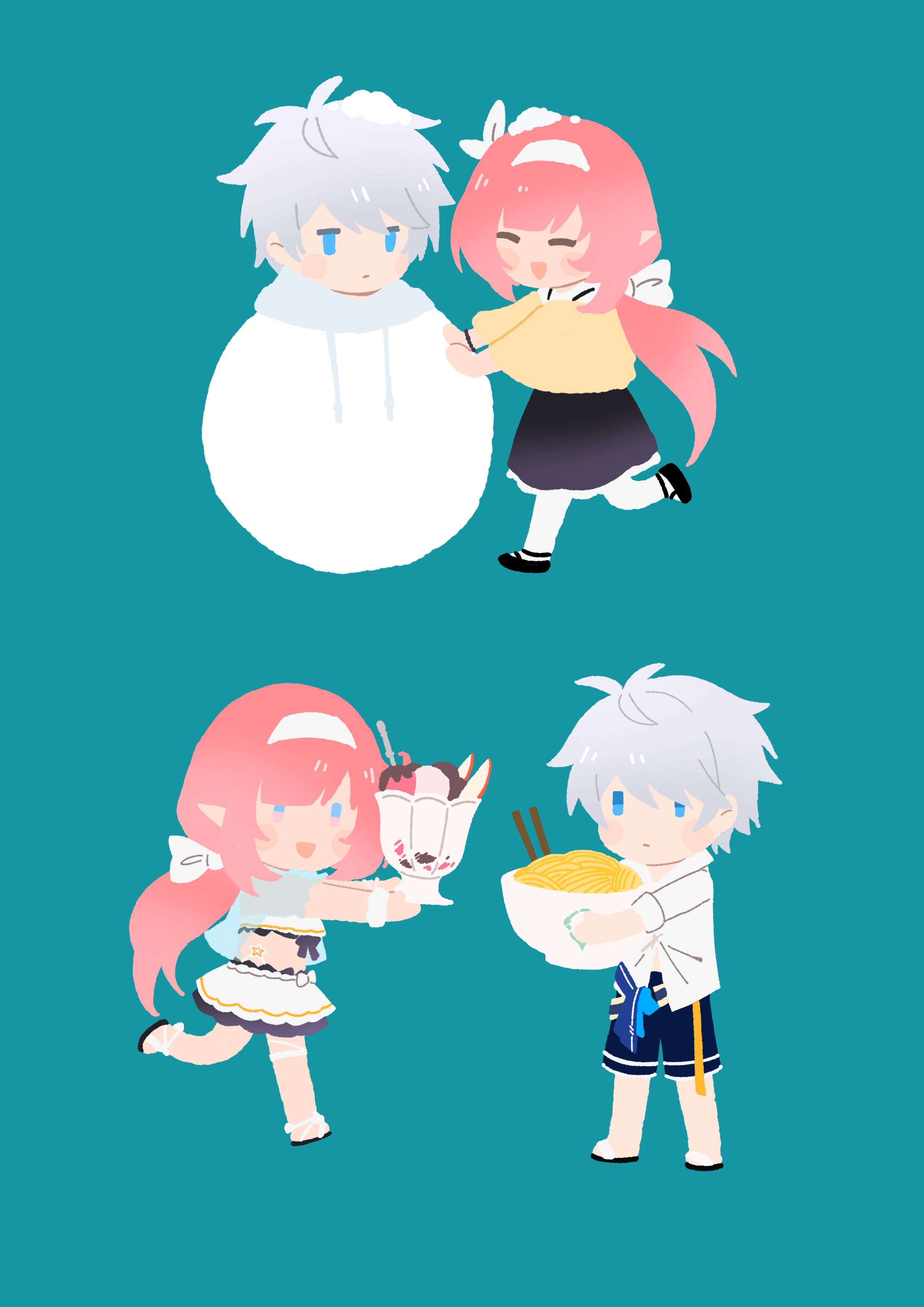 elysia (honkai impact), elysia (miss pink elf) (honkai impact), elysia (summer miss elf) (honkai impact), kevin kaslana, honkai (series), honkai impact 3rd, absurdres, chinese commentary, commentary request, highres, 1girl, ahoge, bikini, black bikini, black skirt, blue background, blue eyes, cup ramen, elf, food, hairband, holding, holding food, ice cream, long hair, multiple views, no lineart, official alternate costume, pink hair, pointy ears, shirt, short hair, skirt, smile, star (zhongyan88528), sundae, swimsuit, very long hair, white hair, white hairband, white shirt