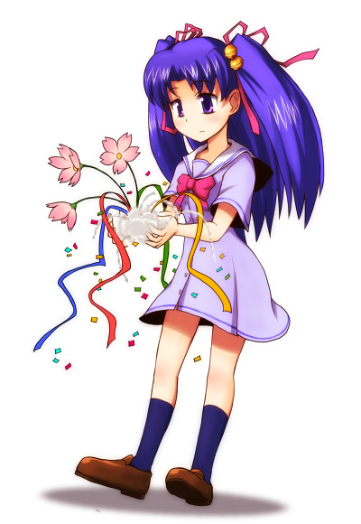 yn1982, aoba kozue, konno natsume, mahoraba, tagme, 00s, 1girl, female focus, flower, full body, plant, school uniform, shoes, socks, solo, standing, white background