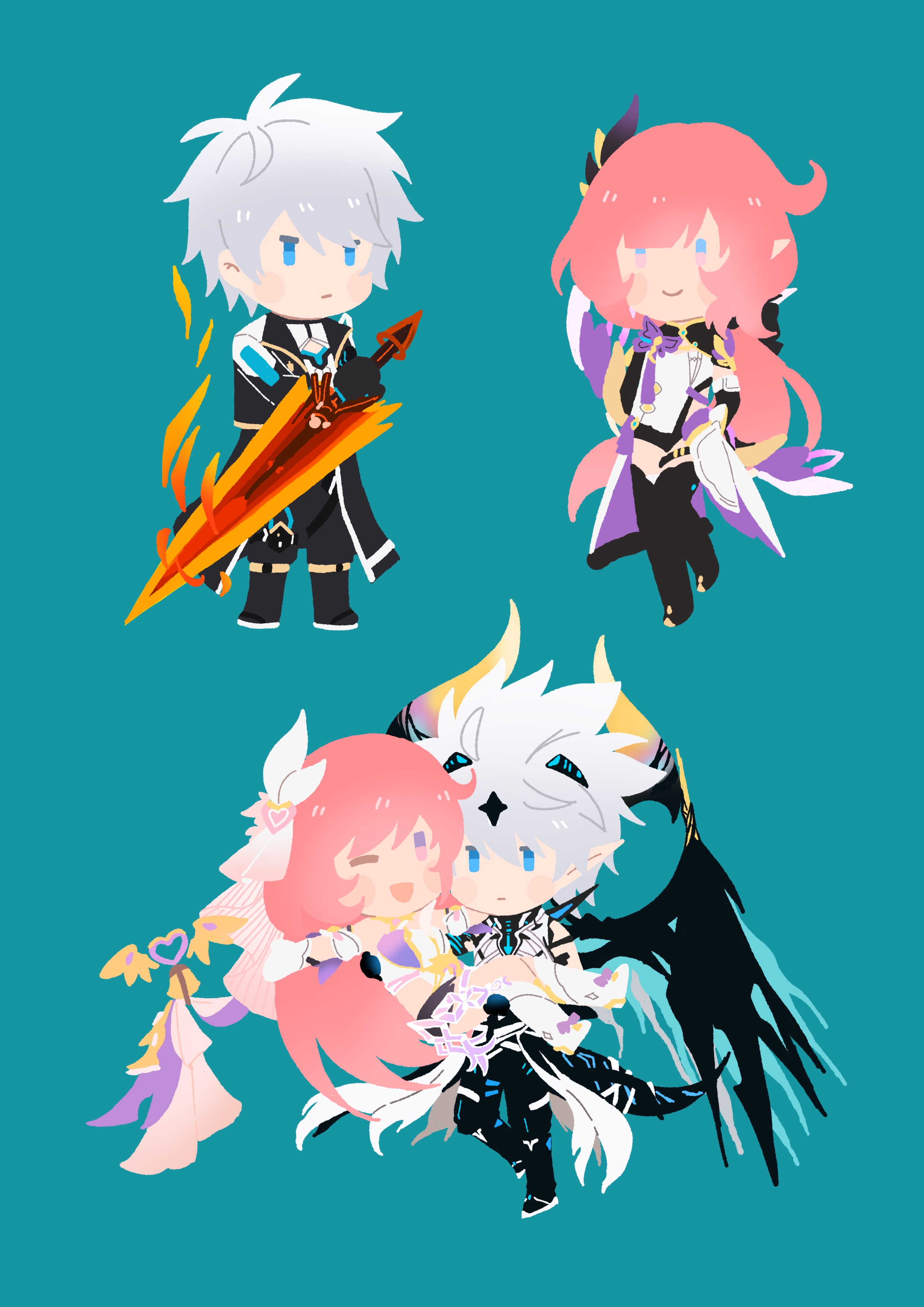 elysia (herrscher of human: ego) (honkai impact), elysia (honkai impact), elysia (miss pink elf) (honkai impact), kevin kaslana, kevin kaslana (diabolic), honkai (series), honkai impact 3rd, absurdres, chinese commentary, commentary request, highres, 1girl, ;o, ahoge, bell, black coat, black pants, black shorts, black thighhighs, blue background, blue eyes, carrying, coat, corset, couple, demon tail, demon wings, elf, hetero, holding, holding sword, holding weapon, long hair, multiple views, no lineart, one eye closed, pants, pink hair, pointy ears, princess carry, short hair, shorts, star (zhongyan88528), sword, tail, thighhighs, veil, very long hair, weapon, white corset, white hair, white veil, wings