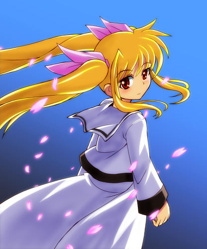 yn1982, fate testarossa, lyrical nanoha, mahou shoujo lyrical nanoha, lowres, tagme, 00s, 1girl, blonde hair, female focus, gradient background, solo, standing