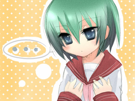 takase kanan, iwasaki minami, lucky star, lowres, 00s, 1girl, blue eyes, blush, breasts, female focus, flat chest, grabbing another's breast, green hair, groping, school uniform, serafuku, solo