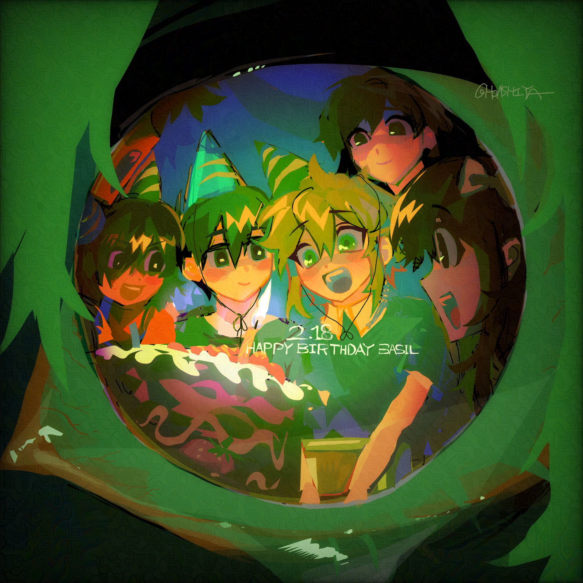 honshiya, aubrey (faraway) (omori), aubrey (omori), basil (faraway) (omori), basil (omori), hero (faraway) (omori), hero (omori), kel (headspace) (omori), kel (omori), sunny (omori), omori, adversarial noise, highres, 1girl, 4boys, aged down, birthday cake, black eyes, black hair, blonde hair, bow, brown hair, cake, candle, dated, food, green eyes, hair bow, hair ornament, happy birthday, hat, long hair, multiple boys, open mouth, party hat, short hair, signature, smile