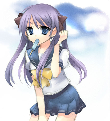 takase kanan, hiiragi kagami, lucky star, lowres, 00s, food, popsicle, school uniform, serafuku, solo