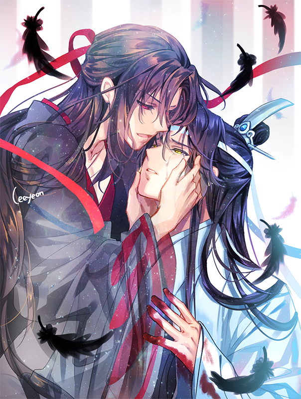 elemental, lan wangji, wei wuxian, wei wuxian (yiling laozu), modao zushi, 2boys, artist name, bishounen, black feathers, black hair, black hanfu, blood, blood on clothes, blood on hands, chinese clothes, coat, crying, crying with eyes open, falling feathers, feathers, grey coat, hair down, hair ribbon, half updo, hands on another's face, hanfu, headband, light particles, long hair, long sleeves, looking at another, male focus, multiple boys, off shoulder, official alternate costume, official alternate hairstyle, open mouth, parted lips, red eyes, red ribbon, ribbon, robe, sidelocks, smile, tears, topknot, upper body, white hanfu, white headband, wide sleeves, xiao guan (headdress), yaoi, yellow eyes